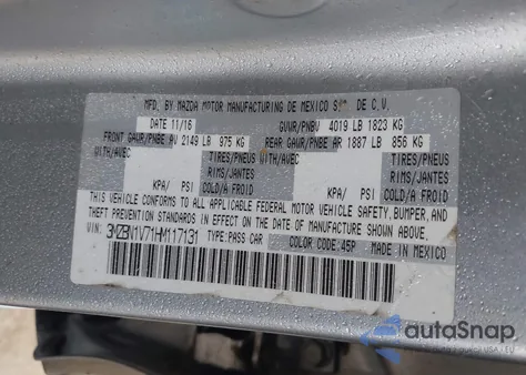 2017 Mazda Mazda3 Touring z USA, uszkodzony, nr VIN 3MZBN1V71HM117131